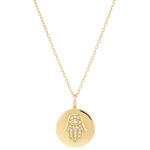 Diamond Accent Hamsa Hand Disc 17" Pendant Necklace in 14k Gold