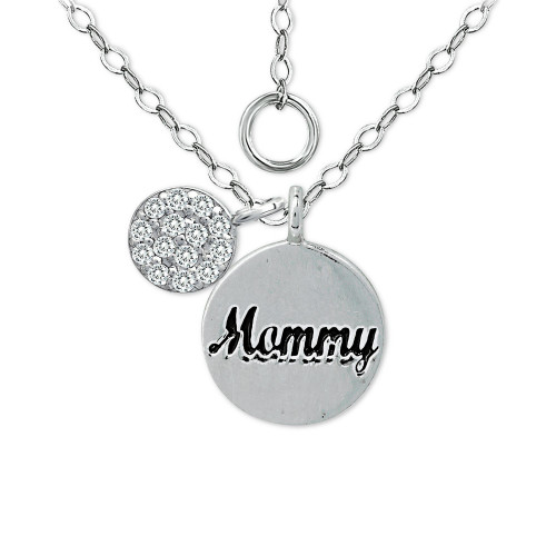 Cubic Zirconia "Mommy" Disc Pendant Necklace in Sterling Silver, 16" +2" extender, Created for Macy's