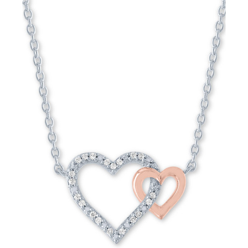Diamond Accent Double Heart 18" Pendant Necklace in Sterling Silver & 14k Rose Gold-Plate