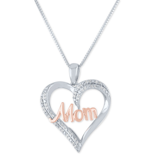Diamond "Mom" Heart 18" Pendant Necklace (1/8 ct. t.w.) in Sterling Silver and 14k Rose Gold Plate