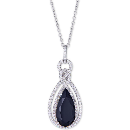 Onyx (16 x 8mm) & Cubic Zirconia Teadrop 18" Pendant Necklace in Sterling Silver