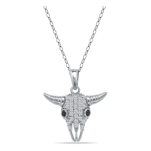 Cubic Zirconia Pave Steer Head Pendant Necklace in Sterling Silver
