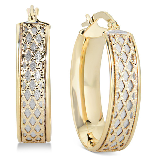 Lattice-Design Oval Hoop Earrings in 14k White Gold and 14k Gold