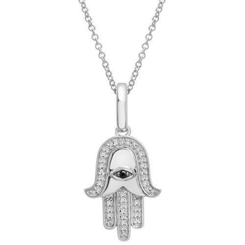 White & Black Diamond Hamsa Hand Pendant Necklace (1/10 ct. t.w.) in Sterling Silver, 18" + 2" extender