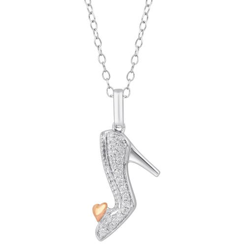 Diamond Cinderella Slipper & Heart Pendant Necklace (1/10 ct. t.w.) in Sterling Silver & 10K Rose Gold, 16" + 2" extender