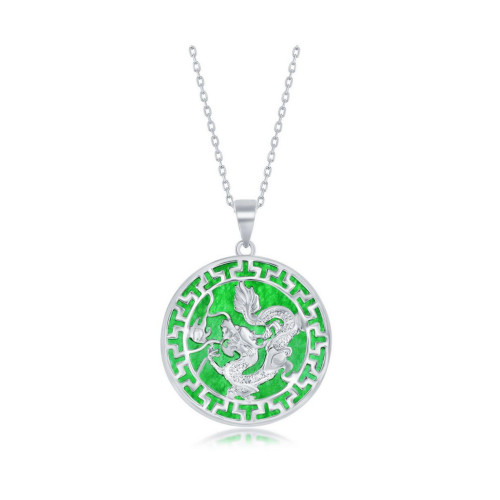 Sterling Silver Round w/ Dragon Design Jade Necklace