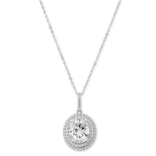 Cubic Zirconia Double Halo 18" Pendant Necklace in Sterling Silver