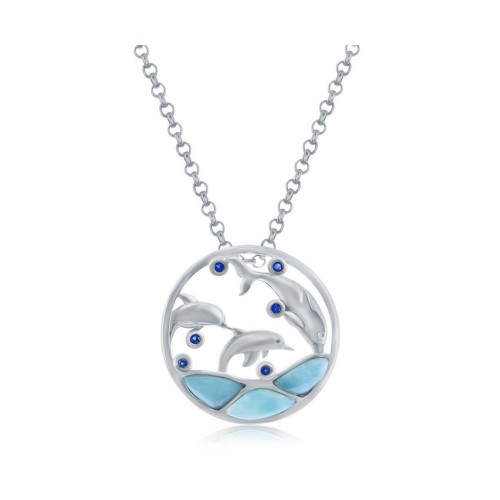 Sterling Silver Larimar & CZ Diving Dolphins Round Necklace