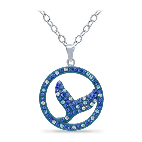 Crystal Dotted Whale Tail Circle Pendant Sterling Silver Necklace