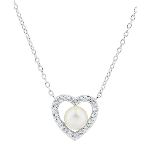 Cultured Freshwater Pearl (5-1/2mm) & White Topaz (1/3 ct. t.w.) Heart 18" Pendant Necklace in Sterling Silver
