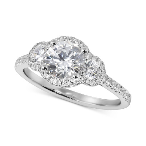 Swarovski Zirconia Three-Stone Halo Ring in 14k White Gold