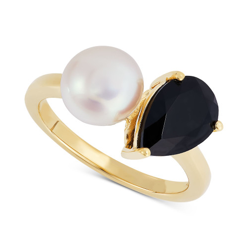 Cultured Freshwater Pearl (8mm) & Onyx Ring in 10k Gold
