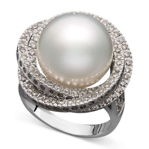 14k White Gold Ring, Cultured South Sea Pearl (13mm) and Diamond (1 ct. t.w.) Ring