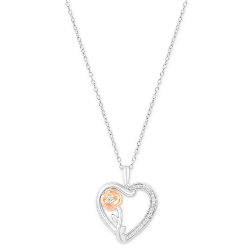 Diamond Belle Rose & Heart Pendant Necklace (1/10 ct. t.w.) in Sterling Silver & 14k Rose Gold-Plate