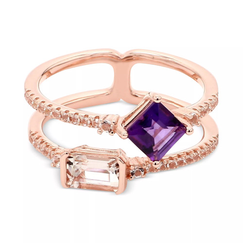 Amethyst (1/2 ct. t.w.), Morganite (1/2 ct. t.w.) & White Topaz (1/4 ct. t.w.) Double Row Ring in Gold-Plated Sterling Silver (Also in Garnet/Morganite & Garnet/Citrine)