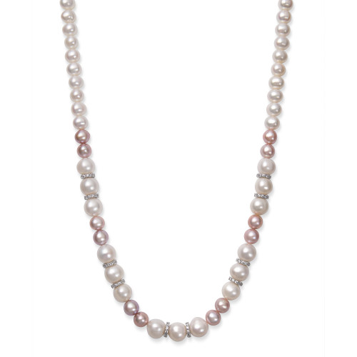Natural Pink and White Cultured Freshwater Pearl 7-10.5mm AA Quality and Cubic Zirconia Accent Necklace in Sterling Silver, 18"