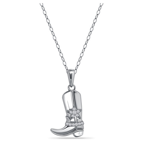 Cubic Zirconia Cowboy Boot with Sheriff Star Pendant Necklace  in Sterling Silver