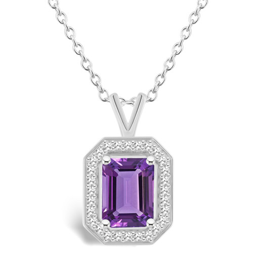 Amethyst (1-3/5 ct. t.w.) and Diamond (1/7 ct. t.w.) Halo Pendant Necklace in Sterling Silver