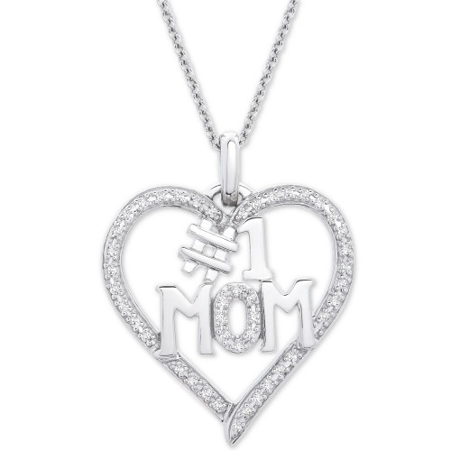 Diamond #1 Mom Heart Pendant Necklace (1/6 ct. t.w.) in Sterling Silver, 18" + 2" extender