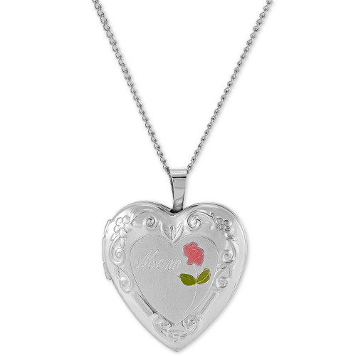 Enamel Rose Mom Heart Locket 18" Pendant Necklace in Sterling Silver