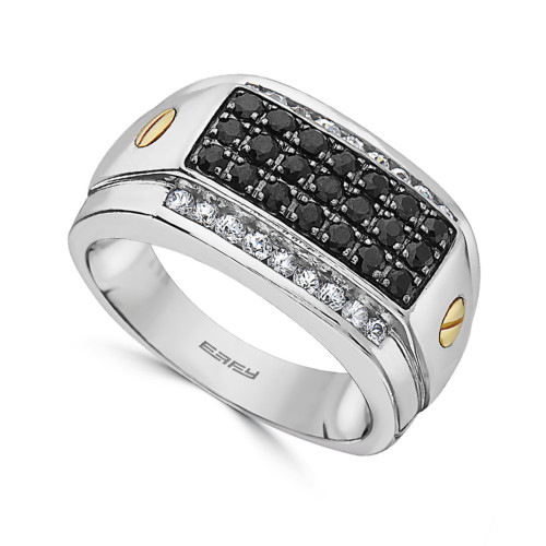 EFFY® Men's Black Sapphire (3/4 ct. t.w.) & White Sapphire (3/8 ct. t.w.) in Sterling Silver & 14k Gold