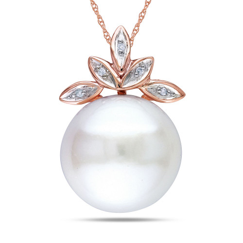 Freshwater Cultured Pearl (11.5-12mm) and Diamond Accent Leaf 17" Necklace in 10k Rose Gold