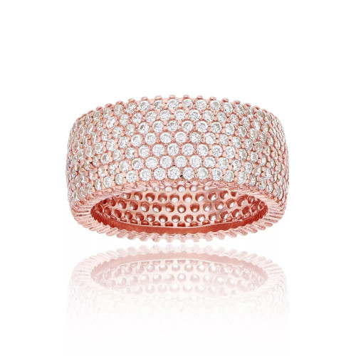 White Cubic Zirconia Micropave Multi Row Eternity Band in 14K Rose, 14K Yellow, Black or Rhodium Plated Sterling Silver