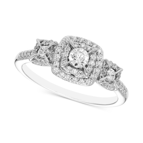 Diamond 3-Stone Triple Halo Ring (1/2 ct. t.w.) in 14k White Gold