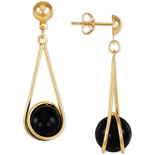 Onyx Wire Wrap Drop Earrings in 10k Gold
