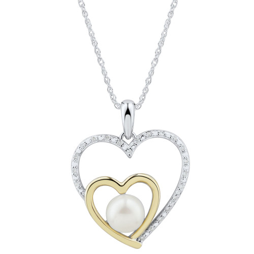 Cultured Freshwater Pearl (6mm) & Diamond Accent Heart Pendant Necklace in Sterling Silver & 14k Gold
