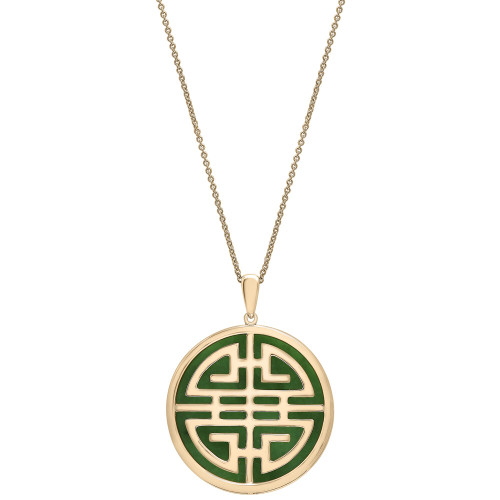 Jade Double Happiness Inlay Pendant Neckalce in 14k Gold-Plated Sterling Silver, 18" + 2" extender