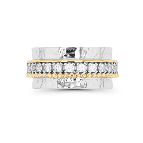 Cubic Zirconia Two Tone Hammered Band Ring in Sterling Silver