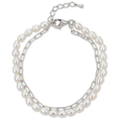 Cultured Freshwater Pearl (4-4-1/2mm) & Paperclip Chain Double Bracelet in Sterling Silver