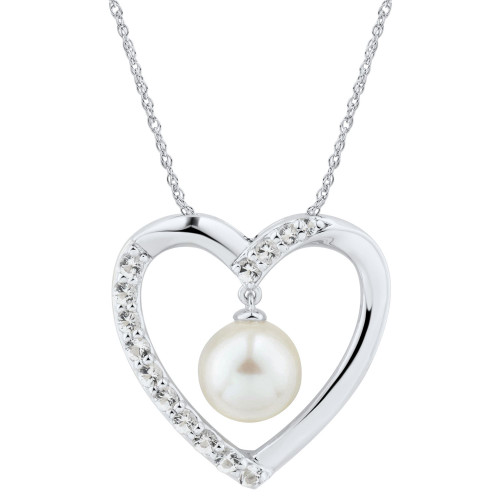Cultured Freshwater Pearl (7mm) & White Topaz (3/8 ct. t.w.) Heart Pendant Necklace in Sterling Silver, 16" + 2" extender