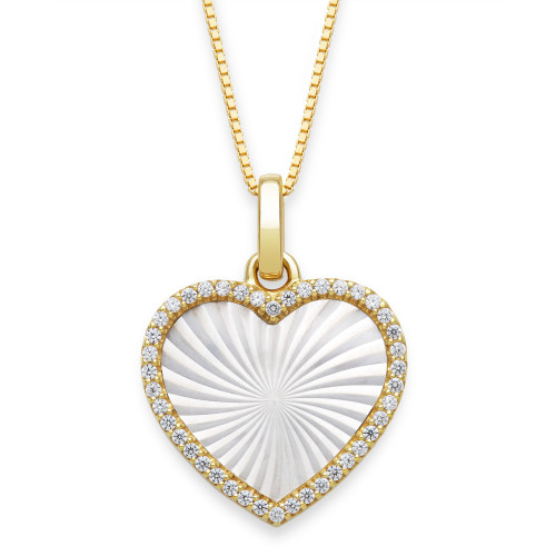 Mother of Pearl 14x13mm and Cubic Zirconia Heart Shaped Pearl Pendant with 18" Chain in Gold over Silver