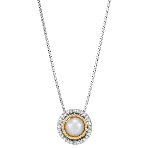 Cultured Freshwater Pearl (6mm) & Diamond (1/20 ct. t.w.) 18-1/2" Pendant Necklace in Sterling Silver & 14k Gold