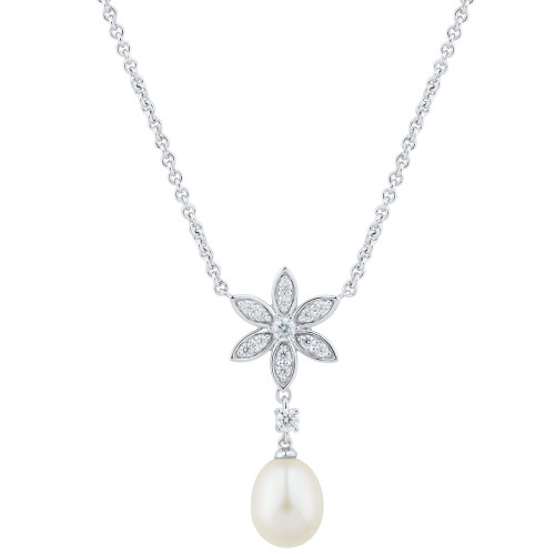 Cultured Freshwater Pearl (8 - 8-1/2mm) & White Topaz (3/8 ct. t.w.) Flower 18" Pendant Necklace in Sterling Silver