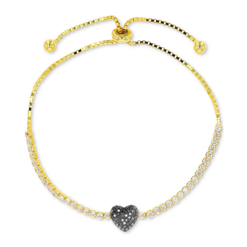 Black Spinel (1/3 ct. t.w.) & White Zircon (1-1/2 ct. t.w.) Heart Bolo Bracelet in 14k Gold-Plated Sterling Silver