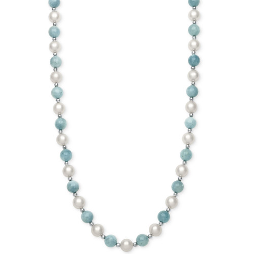 Milky Aquamarine (7mm) and Cultured Freshwater Pearl (7-1/2mm) Strand Collar Necklace