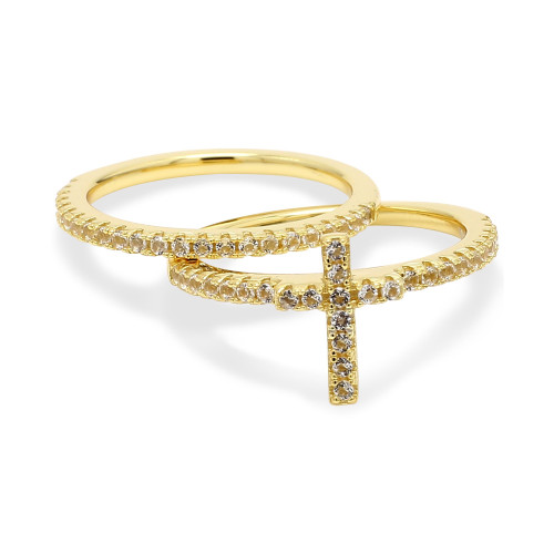 2-Pc. Set White Topaz Cross Ring & Band (1/4 ct. t.w.) in 14k Gold-Plated Sterling Silver