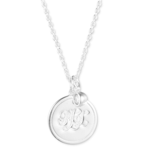Cubic Zirconia Bezel & Logo Disc Pendant Necklace in Sterling Silver, 15" + 3" extender