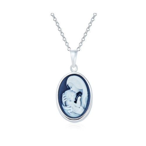 Delicate Petite Victorian Vintage Antique Style Blue White Carved Mother and Child Loving Cameo Pendant Son Daughter Necklace For Women .925 Sterling Silver