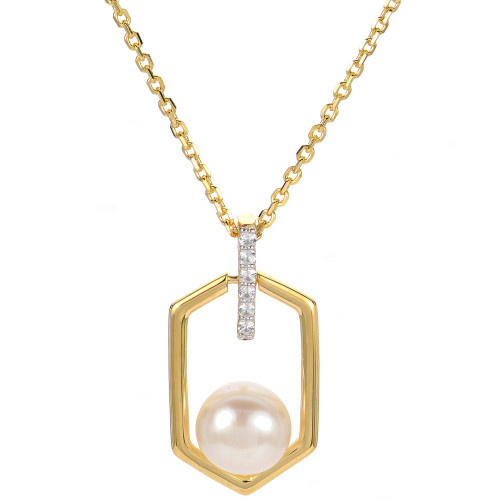 Cultured Freshwater Button Pearl (7mm) & Lab-Created White Sapphire (1/10 ct. t.w.) Hexagon 18" Pendant Necklace in 14k Gold-Plated Sterling Silver