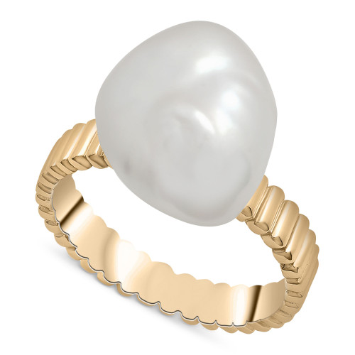 Cultured Freshwater Pearl (10 x 14mm) Ridged Ring in 14k Gold-Plated Sterling Silver