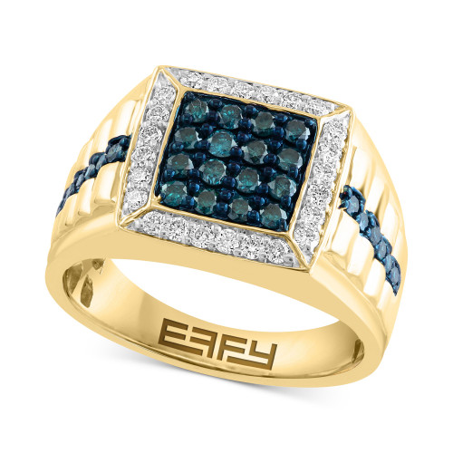 EFFY® Men's Blue Diamond (5/8 ct. t.w.) & White Diamond (1/3 ct. t.w.) Halo Cluster Ring in 10k Gold