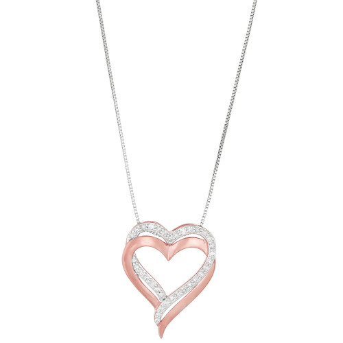Diamond Double Heart 18" Pendant Necklace (1/4 ct. t.w.) in Sterling Silver & 14k Rose Gold-Plate