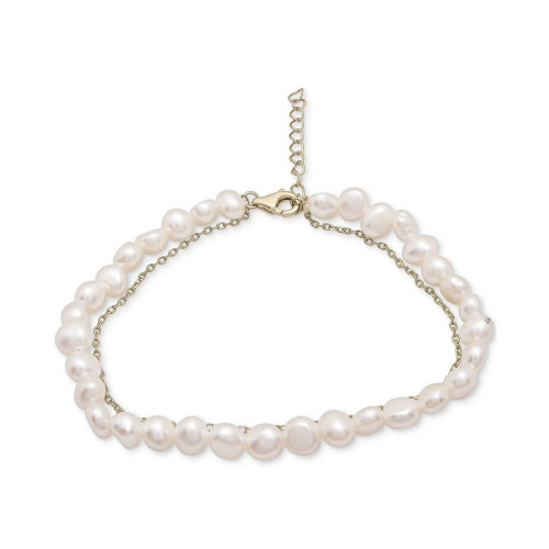Cultured Freshwater Pearl (4mm) & Chain Link Layered Bracelet in 14k Gold-Plated Sterling Silver