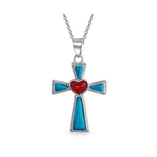 South Western Style Gemstone Blue Stabilized Turquoise Red Heart Cross Pendant Religious .925 Sterling Silver Necklace For Women Teen