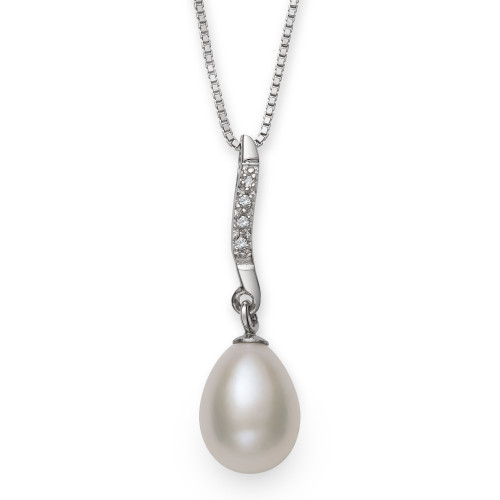 Cultured Freshwater Pearl (7-8 mm) and Diamond Accent Swirl Pendant in Sterling Silver