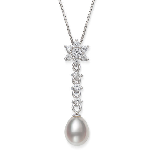 Cultured Freshwater Pearl 7-8mm and Cubic Zirconia Drop Pendant in Sterling Silver with 18" Chain